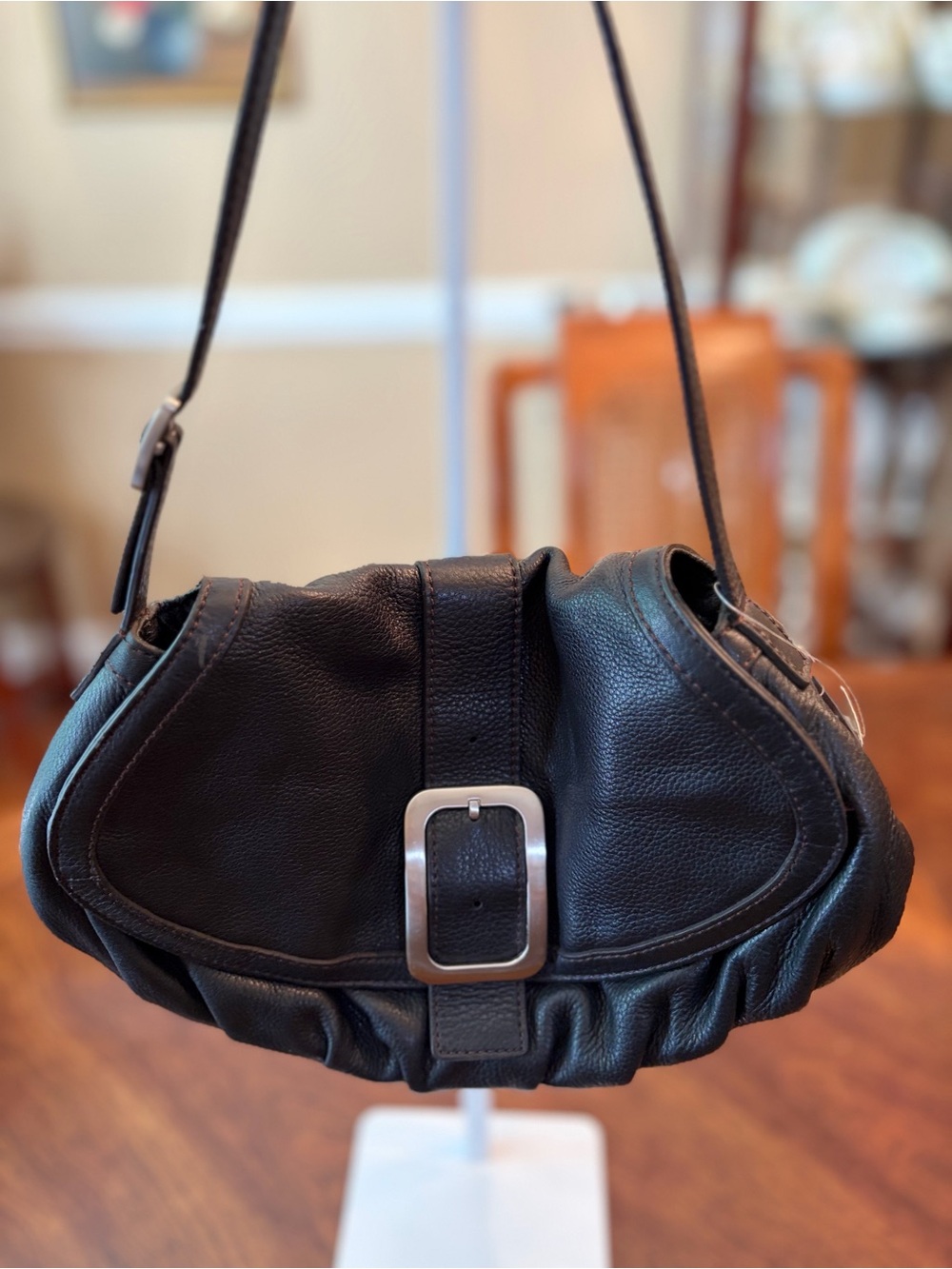 Cole Haan Small Flap Bag Black Leather w/ Silver Buckler